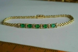 4 CT Oval Cut Simulated Green Emerald Tennis Bracelet 7'' 14K Yellow Gold Plated - Picture 1 of 12