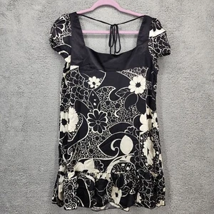 Bebe Women's Size Large Black White Floral Print Silk Square Neck Mini Dress - Picture 1 of 7