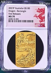2023 Dragon 1oz .9999 GOLD Rectangular $100 Dollar Bar COIN NGC MS 70 FR Lunar - Picture 1 of 2