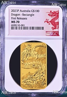 2023 Dragon 1oz .9999 GOLD Rectangular $100 Dollar Bar COIN NGC MS 70 FR Lunar - Image 1 of 2
