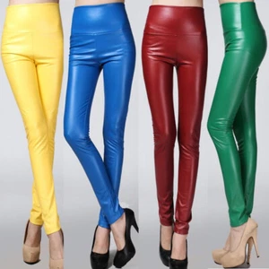 Pantalones de cuero sintético ajustados ajustados cintura alta elásticos forrados de lana - Imagen 1 de 24