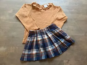 Zara Kids Outfit, Set,  Mustard Long Sleeve Top, Navy Plaid Skort, Size 4-5 - Picture 1 of 13