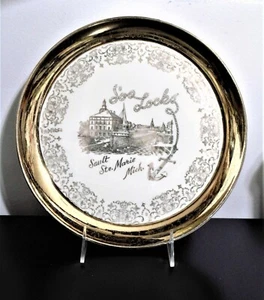 Soo Locks Sault Ste Marie Michigan Warranted 22K Gold Souvenir Plate  - Picture 1 of 4