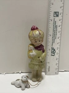 Vintage bisque porcelain girl figurine with dog On leash Japan - Picture 1 of 8