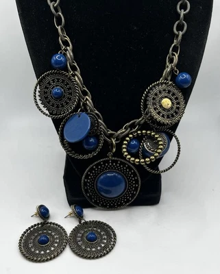 Premier Designs Gold Tone Boho Blue Medallion Discs Chunky Necklace Earrings - Image 1 of 4