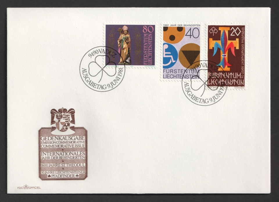 1981 Liechtenstein Scouts, Disability & St Theodul FDC. Vaduz First Day Cover - Image 1 of 1