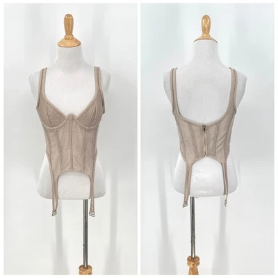 WHITE FOX Boutique Mesh Enlighten Me Bustier Top Medium Taupe Tan Corset Tank - Image 1 of 4