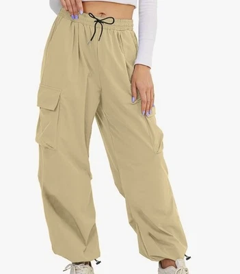 Pantalones deportivos de nailon caqui cargo con cordón paracaídas Y2K tobillo ajustable S Foto 1 de 4