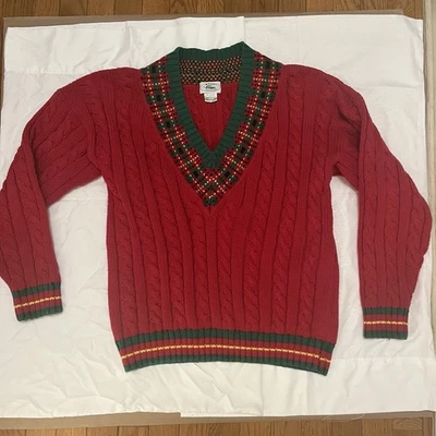 Pulôver de algodão vintage Izod Lacoste L suéter de Natal cabo gola V vermelho verde ouro - Imagem 1 de 4