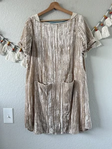 Anthropologie Floreat Crinkle Crushed Velvet Champagne Tunic Mini Dress Glam S - Picture 1 of 9