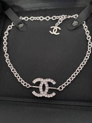 Auténtico collar gargantilla Chanel plata metal strass cristal cadena  Foto 1 de 4