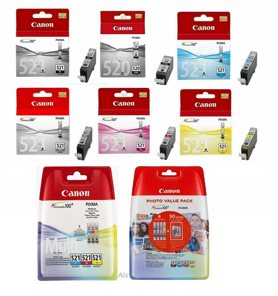 Canon PGI520, CLI521 Ink Cartridge Pixma MP620 MP630 MP640 MP980 MP990 MX860 LOT - Image 1 of 1