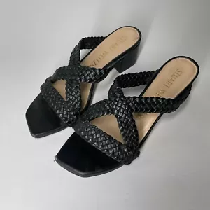Stuart Weitzman Sandals Black Woven Leather Strappy Open Toe Slip On Womens 6.5 - Picture 1 of 10