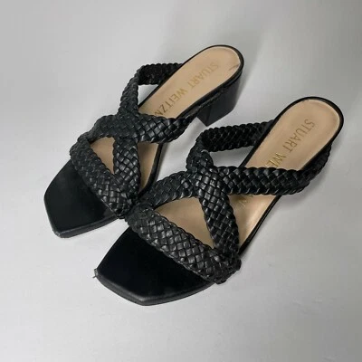 Stuart Weitzman Sandals Black Woven Leather Strappy Open Toe Slip On Womens 6.5 - Image 1 of 4