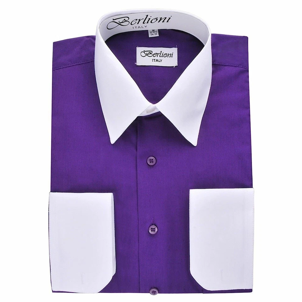 NUEVA CAMISA DE VESTIR BERLIONI ITALIA DOS TONOS HOMBRE FRANCESA CONVERTIBLE PUÑO MORADO Foto 1 de 1