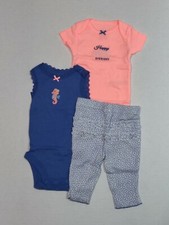Carters 3 Piece Set for Girls Seahorse Theme Newborn 3 6 9 Months