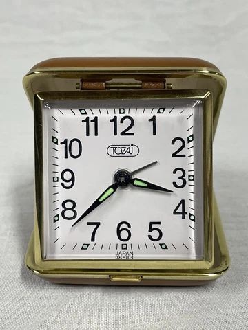 Tozaj Japan Wind Up Travel Alarm Clock in Folding Case Brown EUC Cover