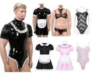 Hombres Sissy Disfraz de Criada Francesa Satén Wetlook Mini Vestido Encaje Ver a Través Body - Imagen 1 de 60