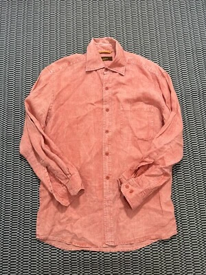 Havana Nines  Men Medium Linen Long Sleeve Button Up Shirt salmon pink - Image 1 of 4