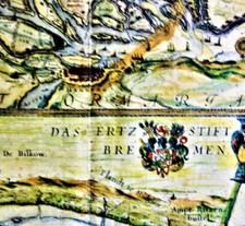 Willem Blaeu, 1571-1638, col copper engraving 1628: LOWER LIFE v HAMBURG to MOUTH