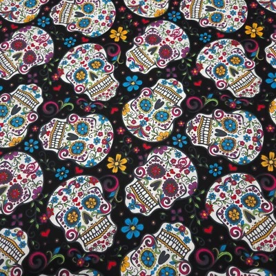1 yd 8" Folkloric Skulls David Textiles Colorful Sugar Skulls on Black - Image 1 of 3