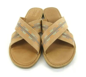 TOMS New Women's Size 7 M Tan Leather Embossed Crossed Strap Slip On Sandals - Picture 1 of 5