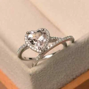 1.75 Ct Heart Cut Natural Morganite Diamond Ring 14K Solid White Gold Size All - Picture 1 of 6