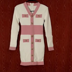 Girls Elegant Ribbed Knit Dress Size S Zip Closure Gold Tone Hardware White/Pink - Picture 1 of 11
