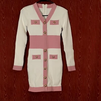 Vestido de malha elegante com nervuras para meninas tamanho S fecho com zíper hardware tom dourado branco/rosa - Imagem 1 de 4