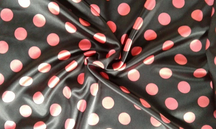 Polyester Black satin fabric Large Polka dot print Summer clothes Coral dress - Image 1 of 4