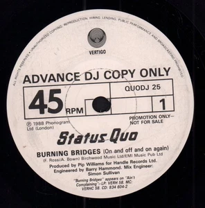 Status Quo Burning Bridges 7" vinyl UK Vertigo 1988 Promo plays same both sides - Picture 1 of 2
