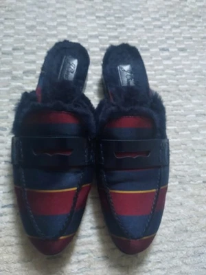 J.CREW WOMENS ACADEMY LOAFER FUR SLIDE IN BURGUNDY BLUE TIE SILK STRIPE SIZE 6.5 - Image 1 of 4