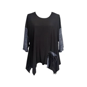 Women's Black Asymmetrical Tunic Top Size XL with Denim Print Style Sleeves NWT - Imagen 1 de 1