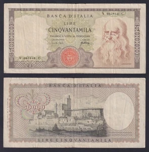 Banconota Italia 50000 lire Leonardo 1967 P.-99a BB/VF - Imagen 1 de 1