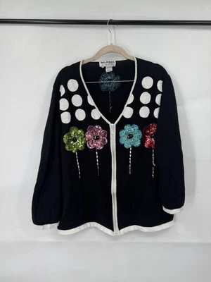Jack B. Suéter feminino rápido floral lantejoulas bordado com zíper XXL preto retrô funky  - Imagem 1 de 4