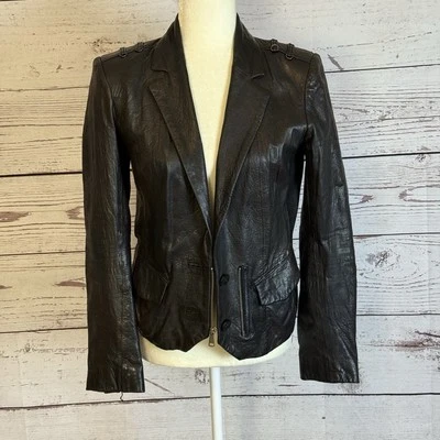 Chaqueta de Cuero Andrew Marc Mujer Talla Pequeña Marrón Oscuro Bikers Blazer Foto 1 de 4