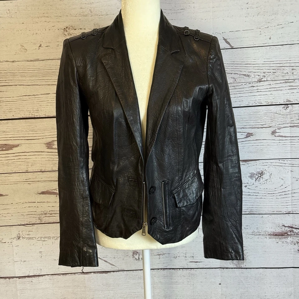 Jaqueta de couro Andrew Marc feminina tamanho pequeno marrom escuro blazer motociclista - Imagem 1 de 4