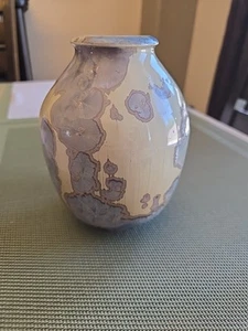 Vintage Studiokeramik blaue Kristallglasur hellbraune Vase 5-1/2" signiert "Ellice" - Bild 1 von 13