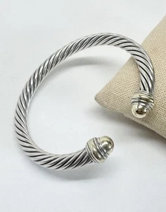 David Yurman .925 14K Gold Dome 7mm Cable Cuff Bracelet Sz XL - Picture 1 of 8