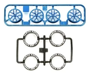 Tamiya 95528 1/32 Mini 4WD Parts Blue Plated Y-spoke Wheels w/Low Profile Tires - Picture 1 of 1