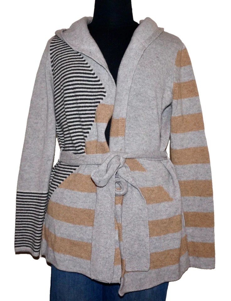 Cárdigan Suéter SPARROW Gris y Tostado 100% Lana de Cordero Tejido con Cinturón MEDIANO Foto 1 de 4