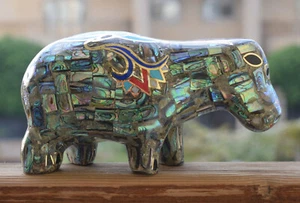 Egyptian Hippo Hippopotami Statue-covered with Mother of Pearl-Decorative- 7.5" - Picture 1 of 12