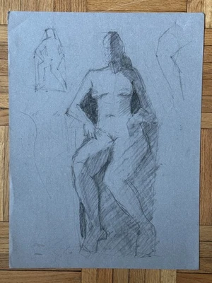 1980s Large Scale Abstract Sketches Woman Portrait Seated Pencil Paper 18 x 24 - Image 1 of 4