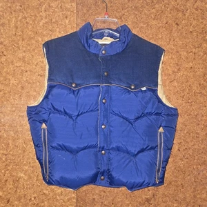 Vtg 80s 90s Levis Western Puffer Down Vest Blue Tan XL Corduroy Button USA - Picture 1 of 10