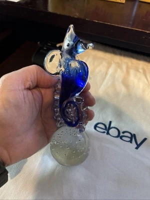 7" Cobalt blue and Clear hand blown Glass Seahorse Paperweight Nautica Decor - Image 1 of 4