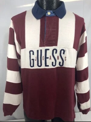 Vtg 90's Guess Jeans Maroon Men SPELLOUT Rugby Polo Stripe Streetwear Shirt M - Image 1 of 4