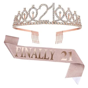21st Sash & Crystal Crown - 21st Birthday Rose Gold Tiara and Sash Set Birthd... - Picture 1 of 2