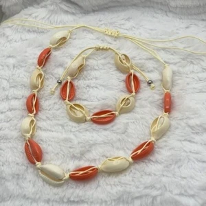 Cowrie Shell Coral/Natural Necklace & Bracelet Set - Picture 1 of 11