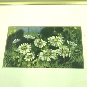 Original Watercolor of Daisies in field matted in white, frame gold metal 8 x 10 - Picture 1 of 2