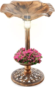 Outdoor Solar Lighted Pedestal Bird Bath Fountain Decoration W/Planter, Integrat - Picture 1 of 7